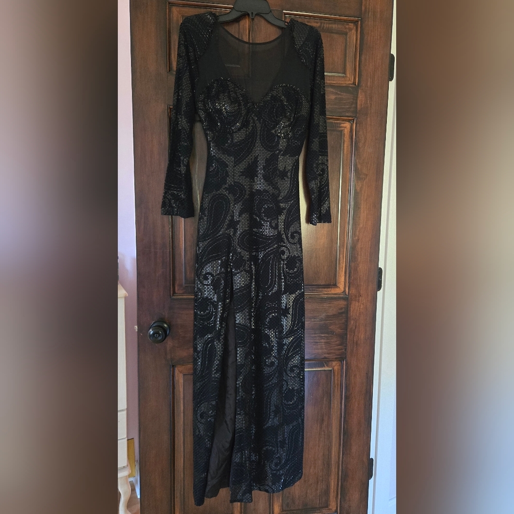 Italian Janine London Paris New York Long Black Snakeskin Dress, Open Back
